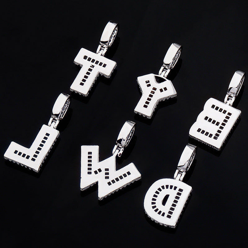 DatNewDrip iced out alphabet pendant silver pave initial letter charms T Y E L W D for necklaces on black background