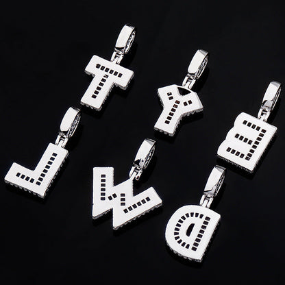 DatNewDrip iced out alphabet pendant silver pave initial letter charms T Y E L W D for necklaces on black background