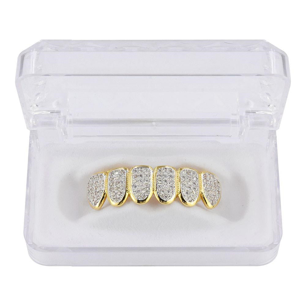 DatNewDrip gold six tooth iced out grillz with pave diamonds displayed in clear plastic case