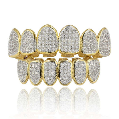 DatNewDrip gold plated full top and bottom iced out grillz with pave cubic zirconia stones