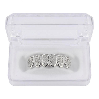 DatNewDrip iced out grillz silver six tooth pave diamonds top in clear plastic display case