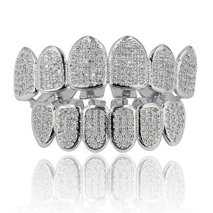 DatNewDrip silver full set iced out grillz with pave cubic zirconia stones for bold hip hop style