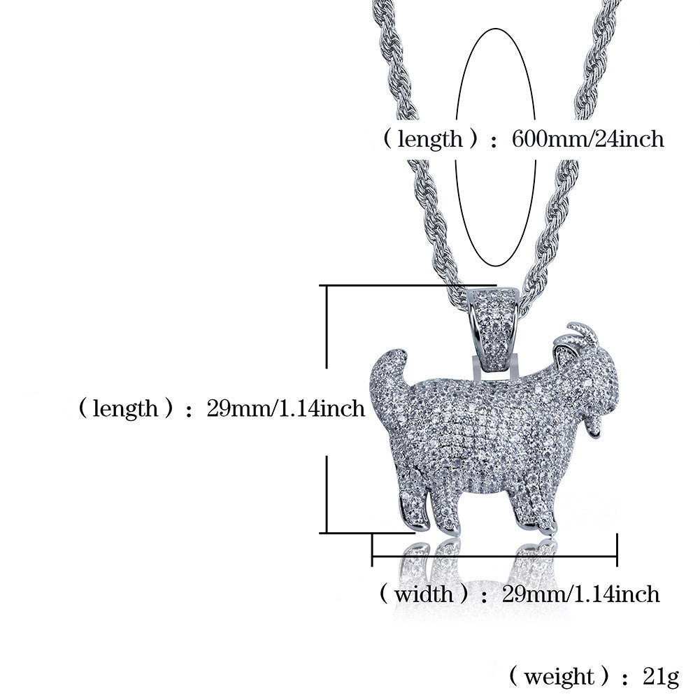 DatNewDrip iced out goat pendant on silver rope chain showing 24 inch length and 29mm goat charm