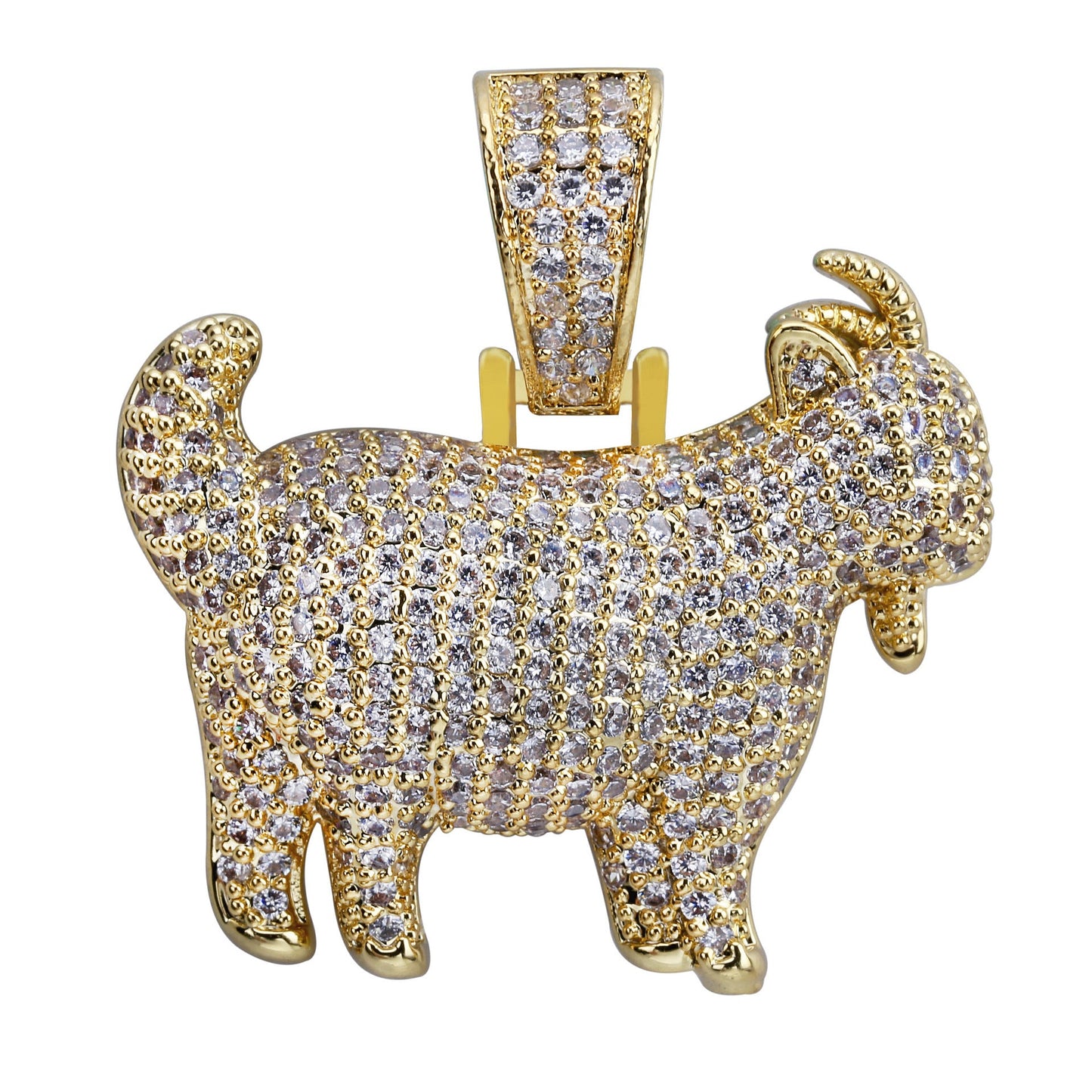 DatNewDrip gold iced out goat pendant with pave clear stones detailed goat silhouette necklace charm