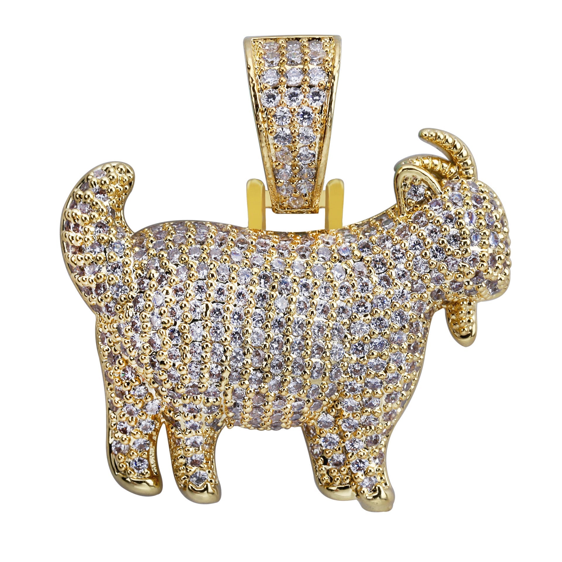 DatNewDrip gold iced out goat pendant with pave clear stones detailed goat silhouette necklace charm