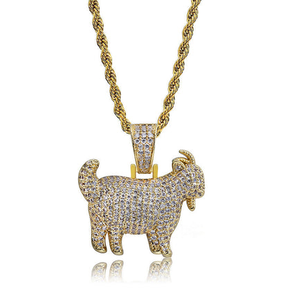 Gold iced out goat pendant necklace by DatNewDrip encrusted with cubic zirconia on rope chain