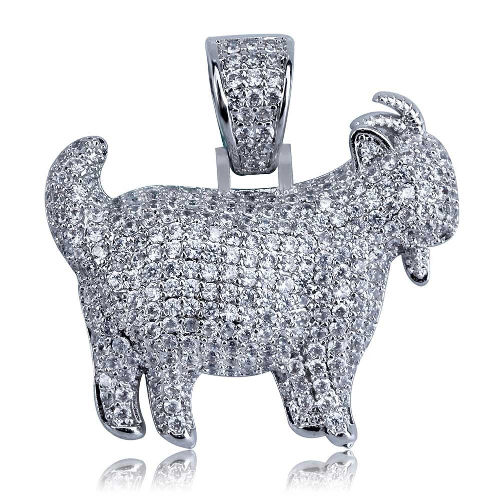 DatNewDrip iced out goat pendant silver pave cubic zirconia goat charm fully encrusted with sparkling stones