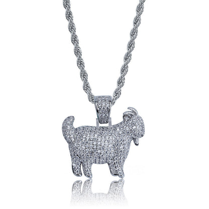DatNewDrip iced out goat pendant silver pave cubic zirconia on rope chain hip hop jewelry