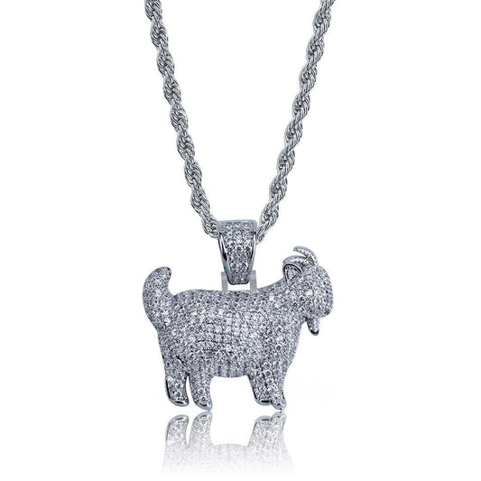 DatNewDrip iced out goat pendant silver pave cubic zirconia on rope chain hip hop jewelry