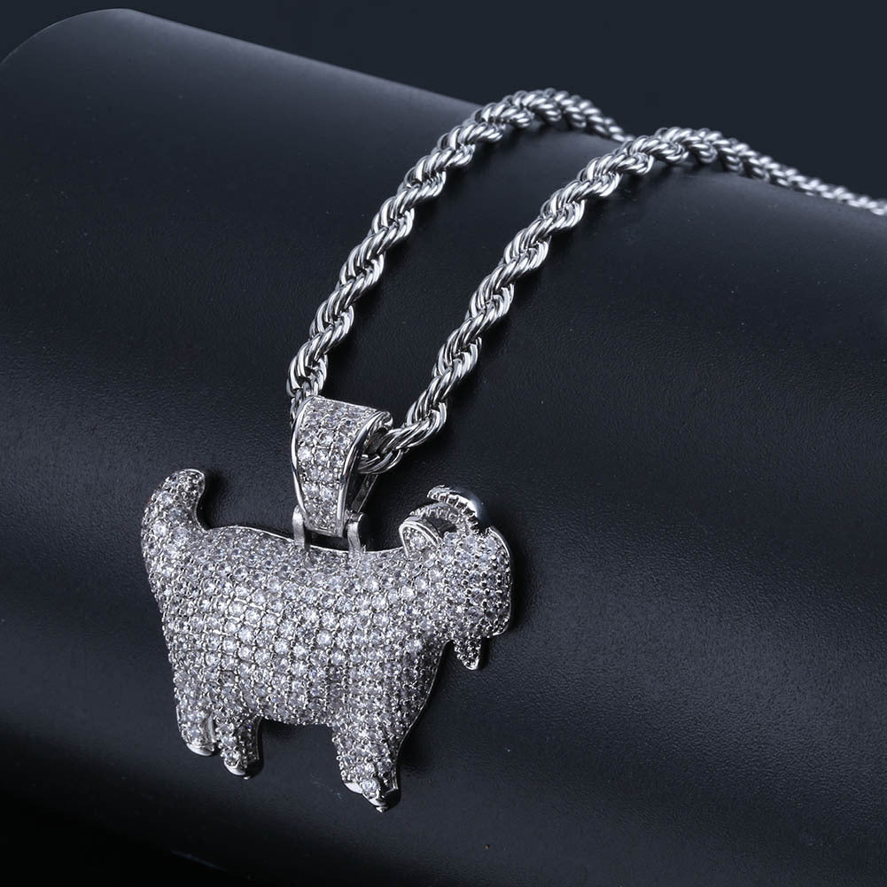 DatNewDrip iced out goat pendant in silver with rope chain and pave cubic zirconia stones