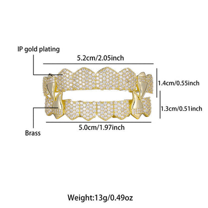 DatNewDrip iced out fanged grillz gold plated brass full set with crystal stones closeup and measurements