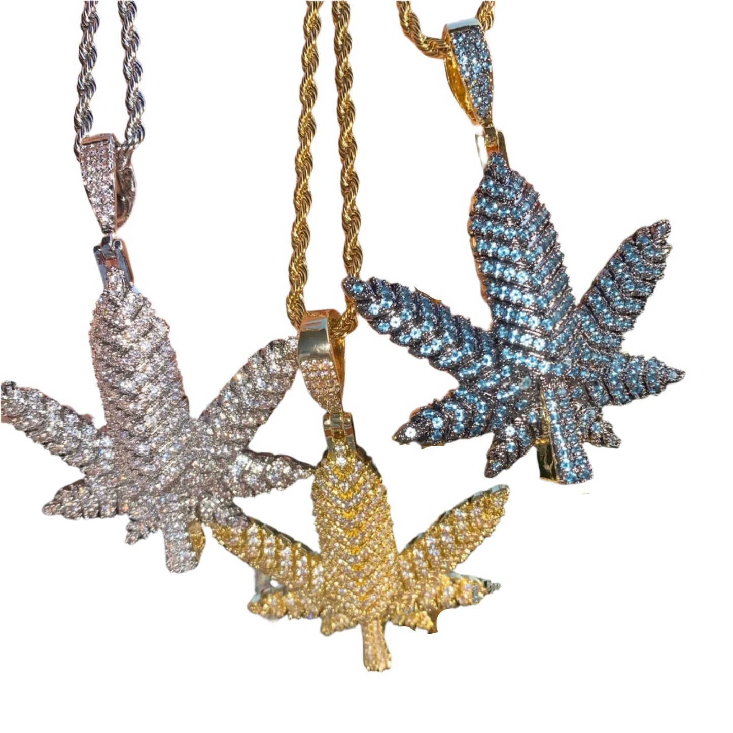 DatNewDrip iced out pot leaf pendant necklaces trio in silver gold and blue with rope chains