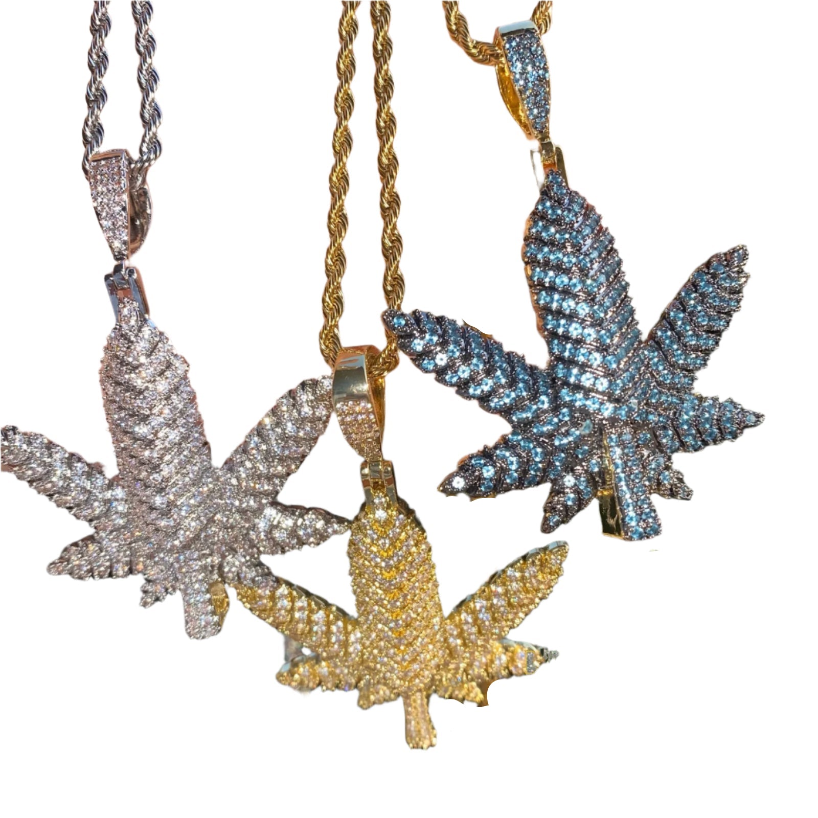 DatNewDrip iced out pot leaf pendant necklaces trio in silver gold and blue with rope chains