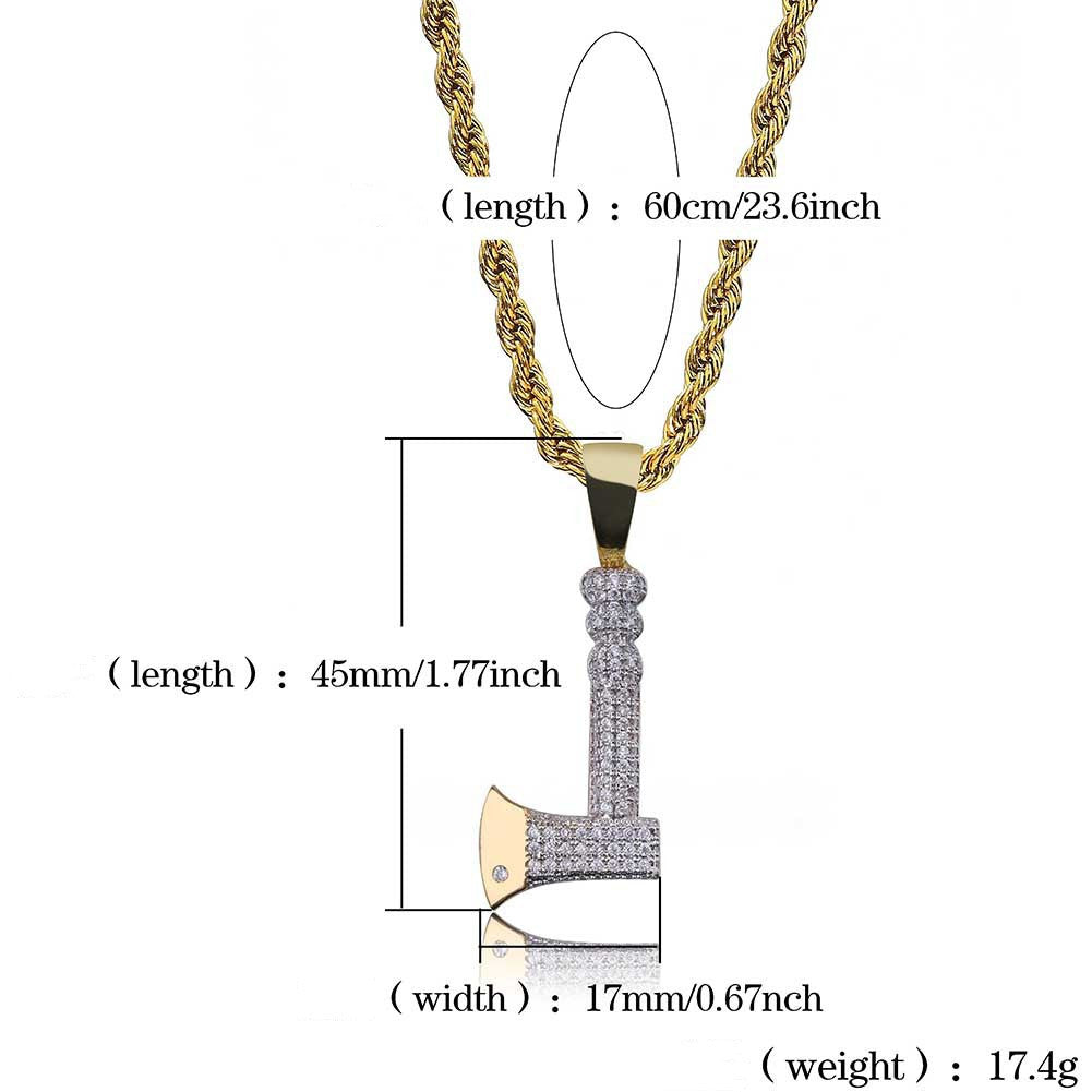 DatNewDrip iced out tomahawk pendant on gold rope chain with cubic zirconia stones and polished axe head