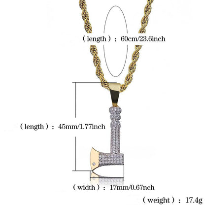 DatNewDrip iced out tomahawk pendant on gold rope chain with cubic zirconia stones and polished axe head