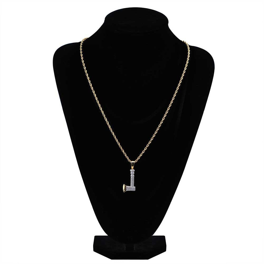 DatNewDrip iced out tomahawk pendant on gold rope chain displayed on black velvet bust for streetwear