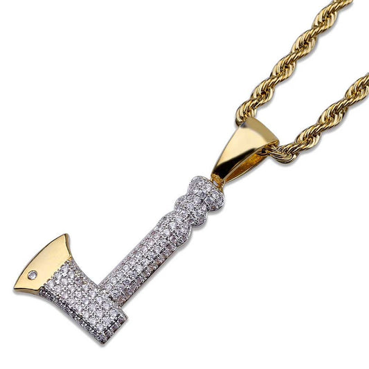 DatNewDrip iced out tomahawk pendant on gold rope chain with white cubic zirconia stones