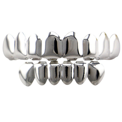 DatNewDrip 8 tooth gold grillz style upper and lower caps shown in polished silver finish