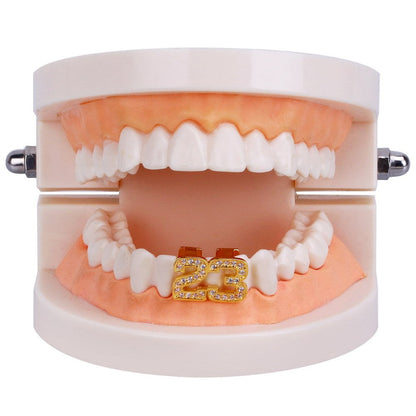 DatNewDrip 23 two tooth grillz set gold number 23 rhinestone two tooth caps on lower teeth display