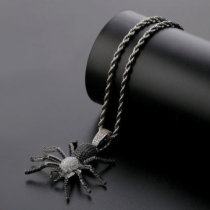 DatNewDrip iced out black spider pendant on twisted black silver rope chain with pave stones