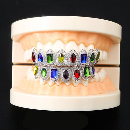 DatNewDrip colored gem grillz on dental model silver plated full set with multicolor gemstones