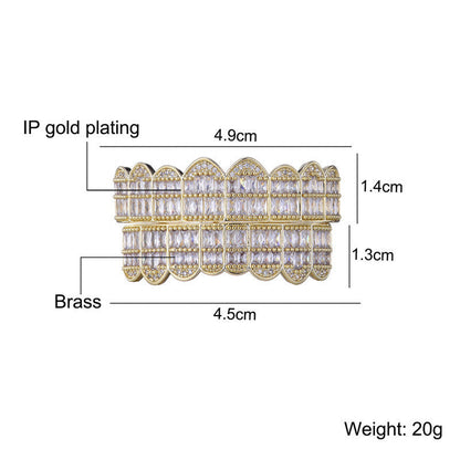 Gold plated brass iced out baguette grillz two row set with clear baguette stones and measurement labels