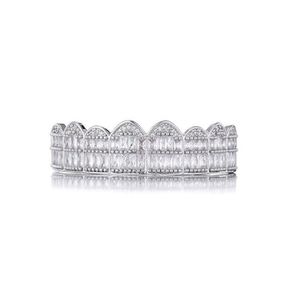Silver iced out baguette grillz full top dental jewelry with scalloped arch and clear baguette stones