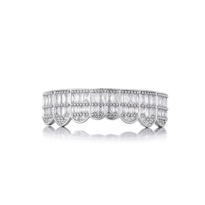 Silver tone iced out baguette grillz full top dental grill with scalloped baguette diamonds and reflective finish