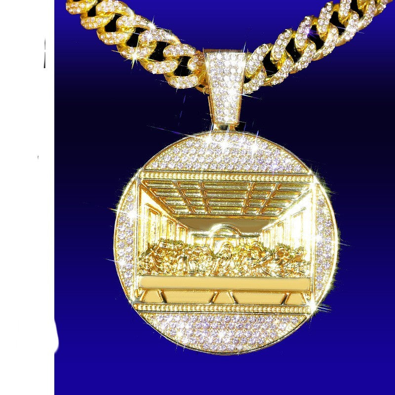 DatNewDrip iced out last supper pendant gold round diamond encrusted medallion on Cuban link chain