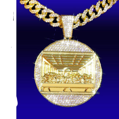 DatNewDrip iced out last supper pendant gold round diamond encrusted medallion on Cuban link chain