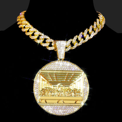 DatNewDrip gold Cuban link chain with iced out last supper pendant round diamond encrusted medallion mens statement jewelry