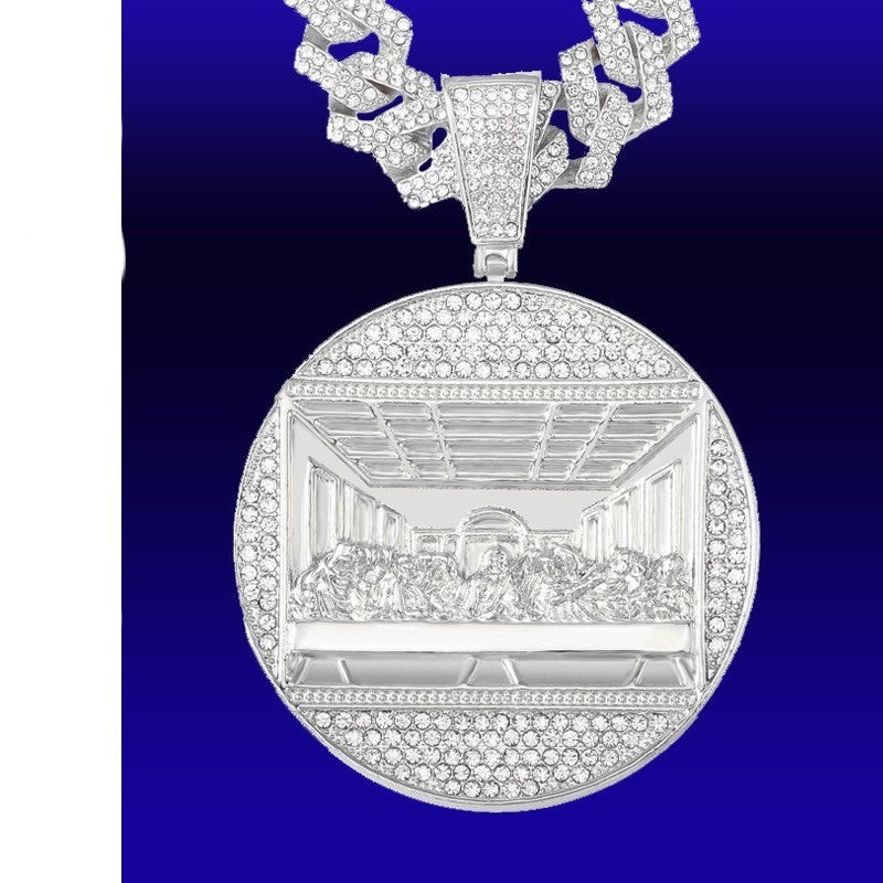 DatNewDrip iced out last supper pendant round silver medallion with pave stones and Cuban link chain