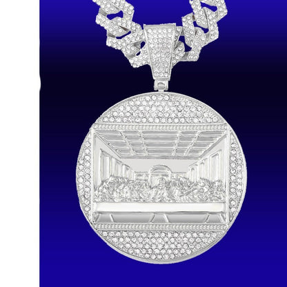 DatNewDrip iced out last supper pendant round silver medallion with pave stones and Cuban link chain