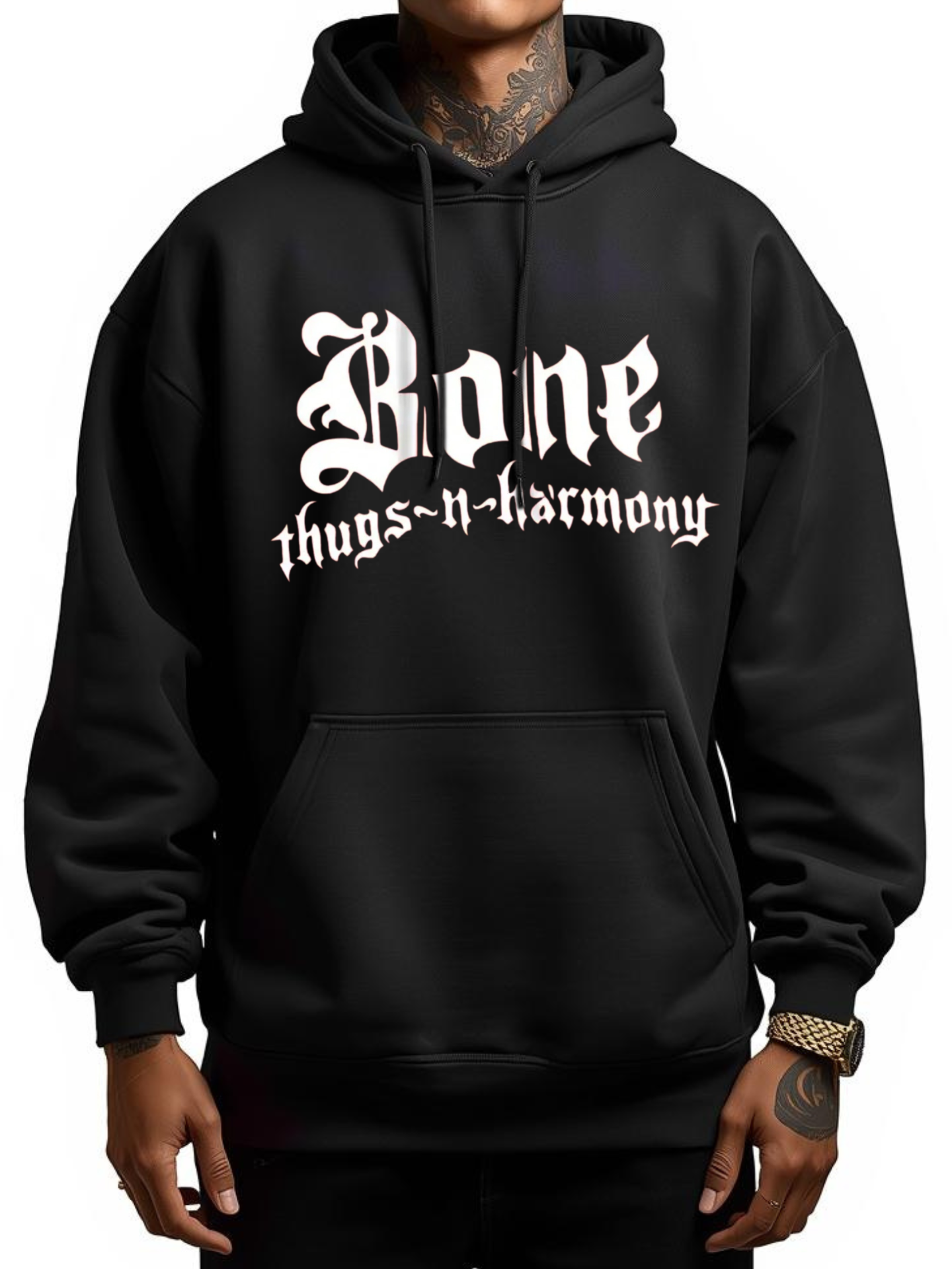 Black hoodie from DATNEWDRIP featuring Bone Thugz-N-Harmony logo in white bold lettering