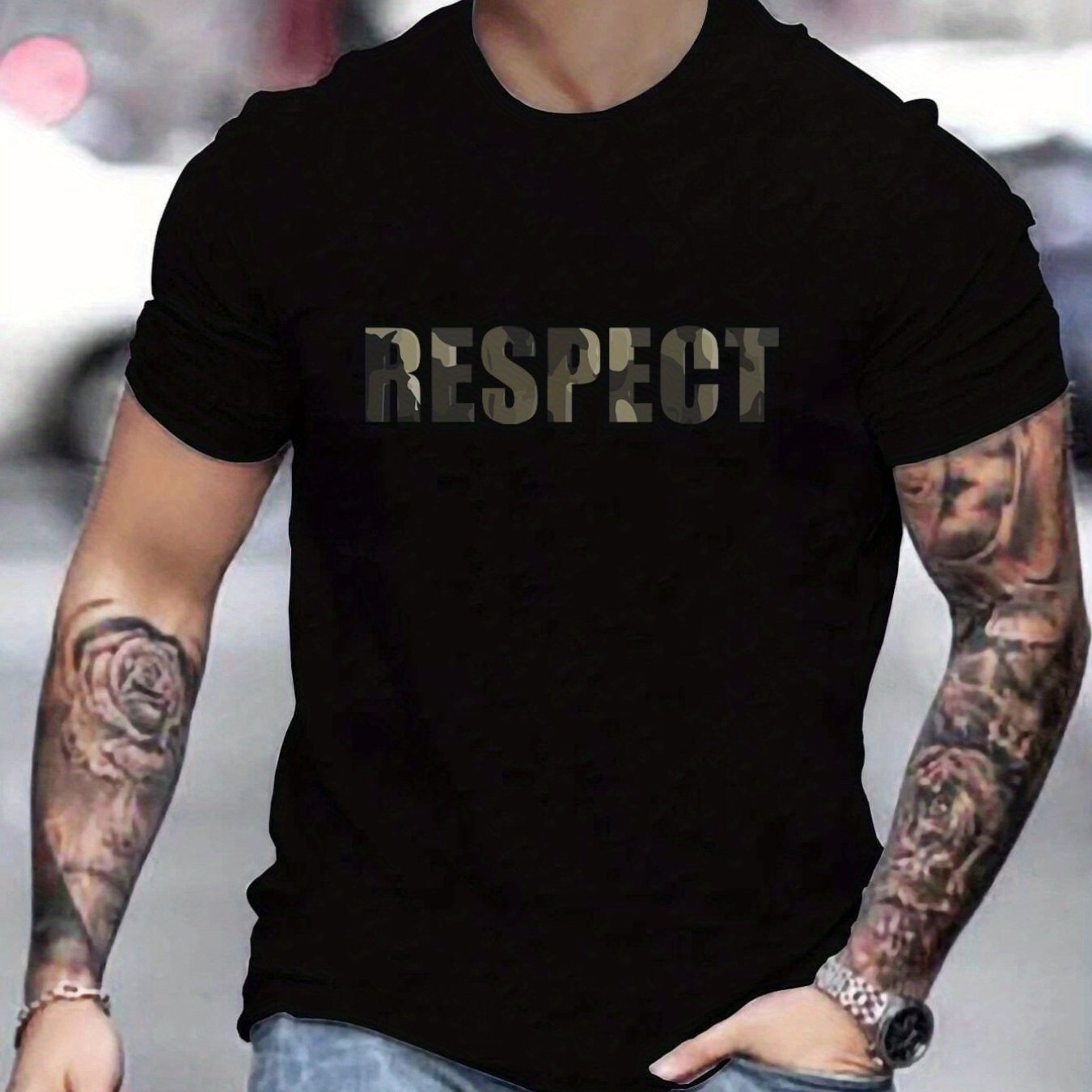 Letter RESPECT Pattern Printed Men's T-shirt, Patterned T-shirt Men's Summer Clothing, Men's Clothing