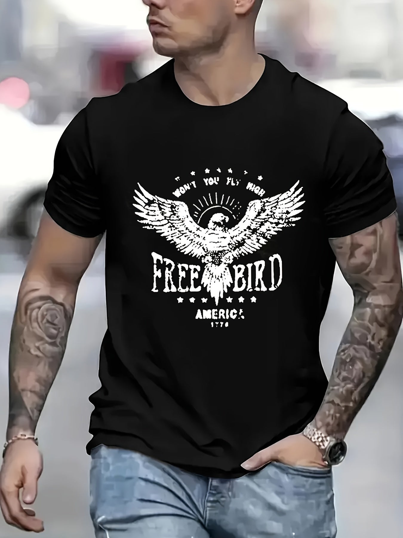 Eagle Free Bird Printed Men's Round Neck Short Sleeve Large T-shirt, Casual, Summer Daily Wear