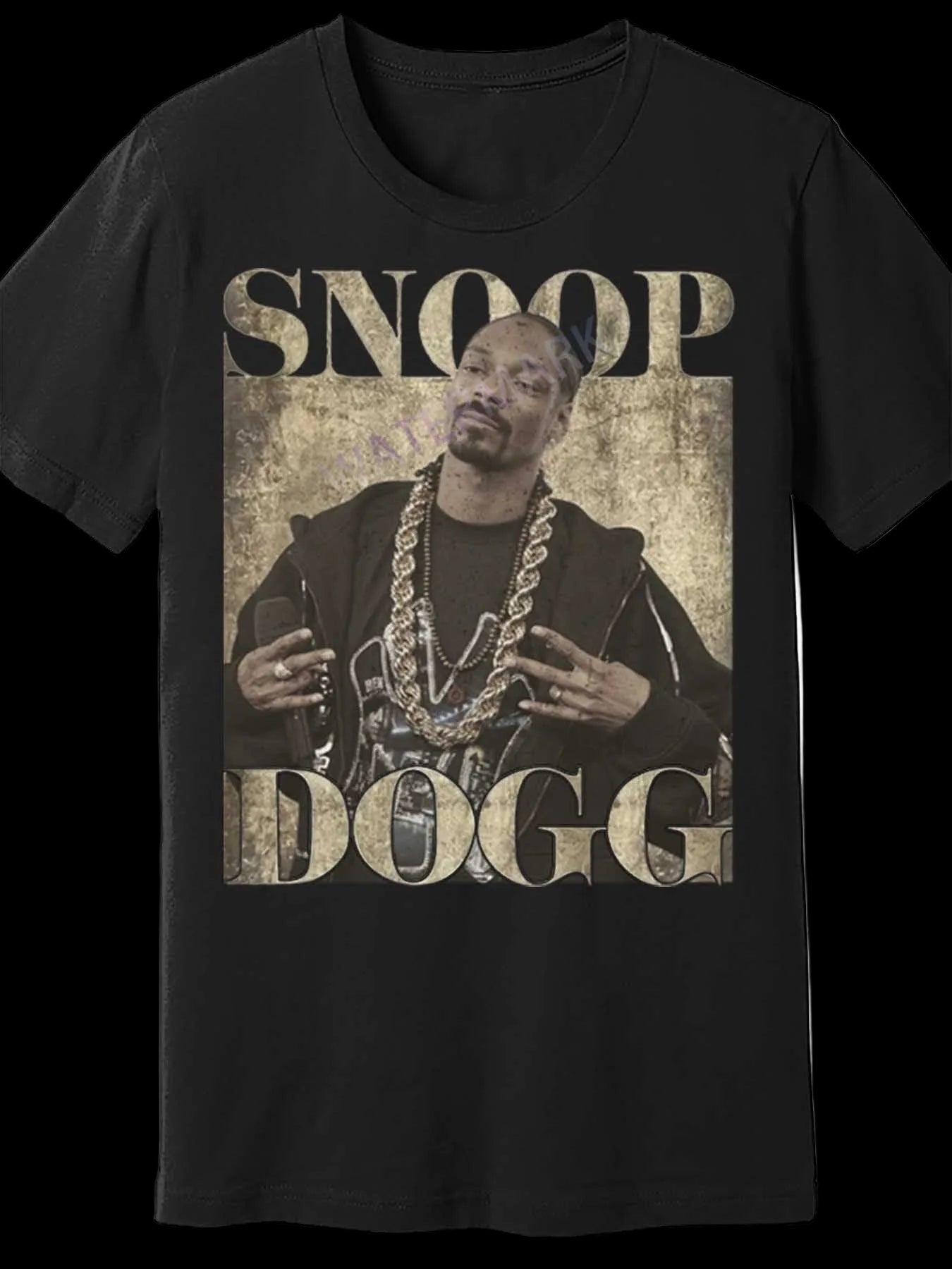 Black t-shirt with a graphic of a person and 'Snoop Dogg' text on a white background
