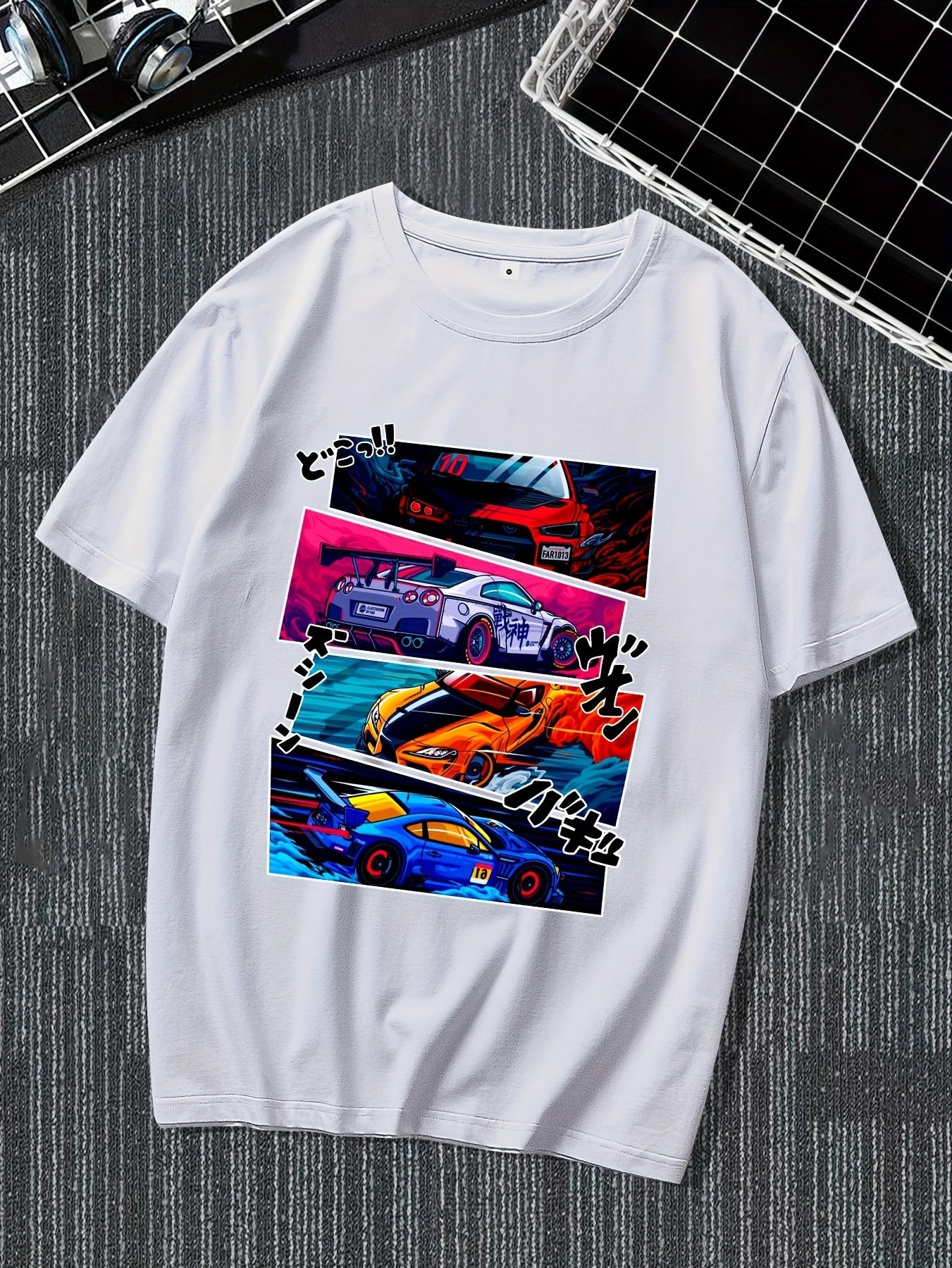 Men's Street Style Short Sleeved Round Neck T-shirt With Summer Outdoor Sports Car Pattern Print