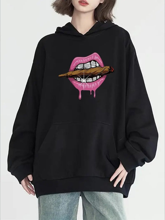 Women's Casual Hoodie With Lip Print & Kangaroo Pocket - Long Sleeve, Machine Washable