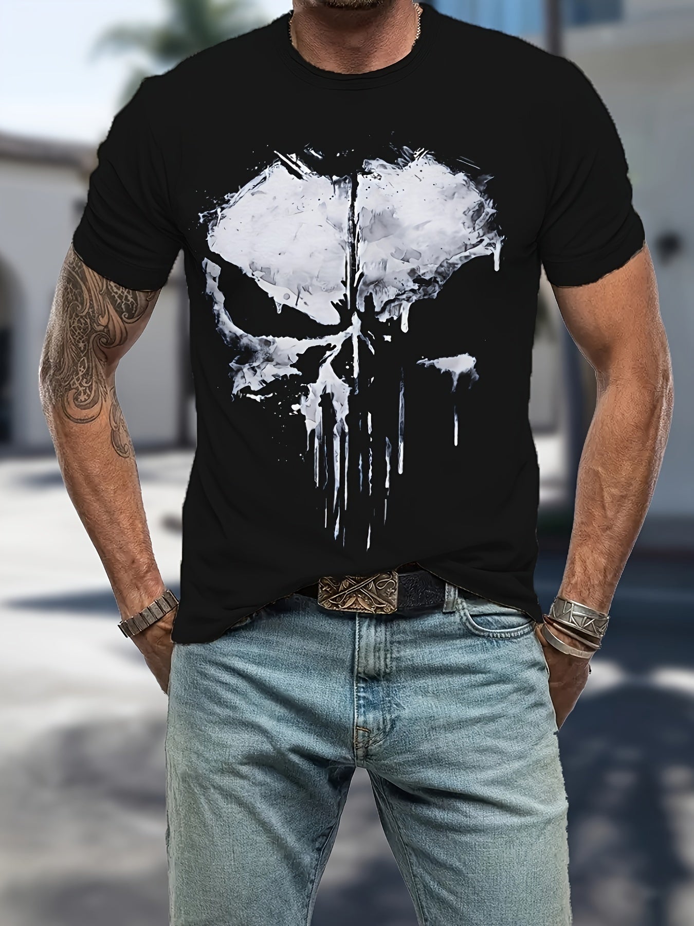 Skull Shaped 3D Printed Men's Round Neck Short Sleeved T-shirt, Summer Fashionable T-shirt, Casual And Comfortable Versatile Top, Suitable For Daily Outdoor Street Wear