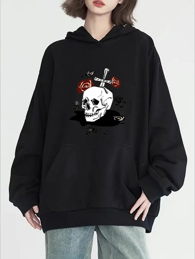 Women'S Fashion Skull Print Hoodie, Long Sleeve, Crew Neck, With Pocket, Casual Pullover Sweatshirt, All-Season