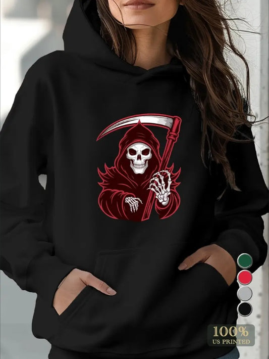 Grim Reaper Scythe Print Kangaroo Pocket Hoodie, Casual Long Sleeve Hooded Sweatshirt, Women's Clothing