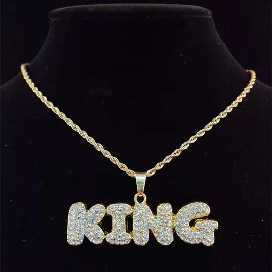 Men Women Hip Hop KING QUEEN Letter Pendant Necklace