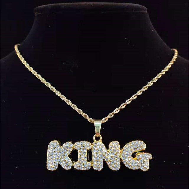 Men Women Hip Hop KING QUEEN Letter Pendant Necklace