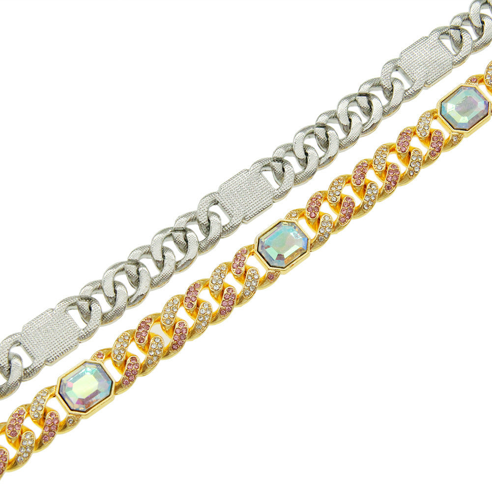 European And American Hip Hop Cool Full  Rectangular Colored Diamond Cuban Chain Bracelet