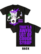 Black t-shirt with graphic design and text on front and back