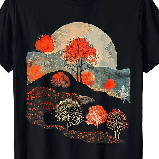 Natural Art Painting, Orange Tree, Field, Moon, Man, T-shirt