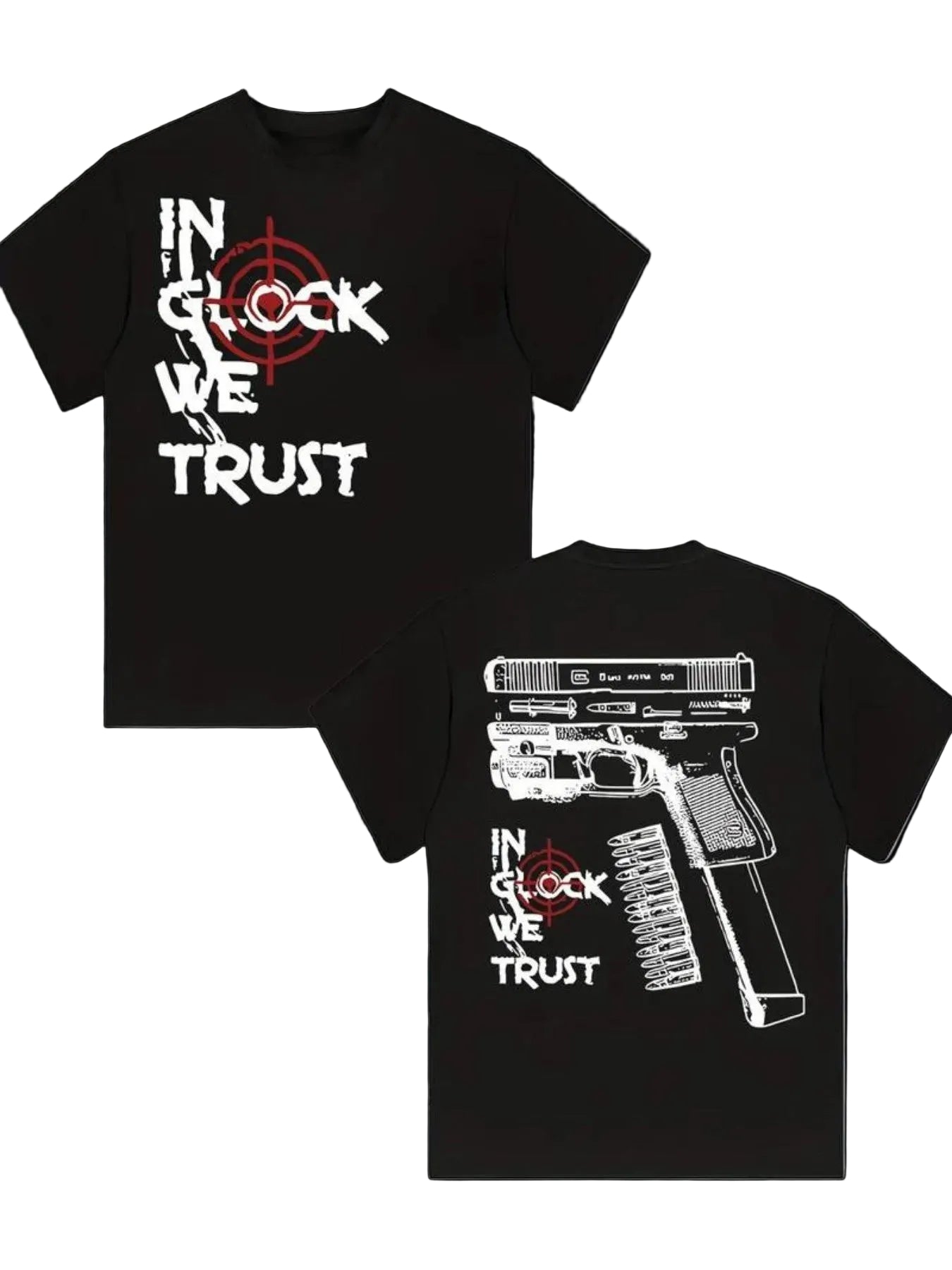 Black t-shirt with gun graphic and 'IN Glock We Trust' text on a white background