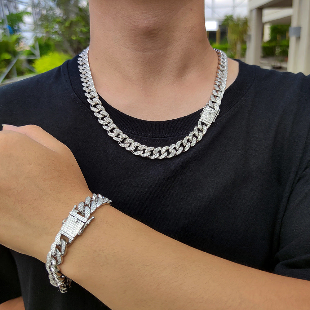 Hip Hop Men's Necklace 12mm Double Row Full Diamond Cuban Chain Bracelet