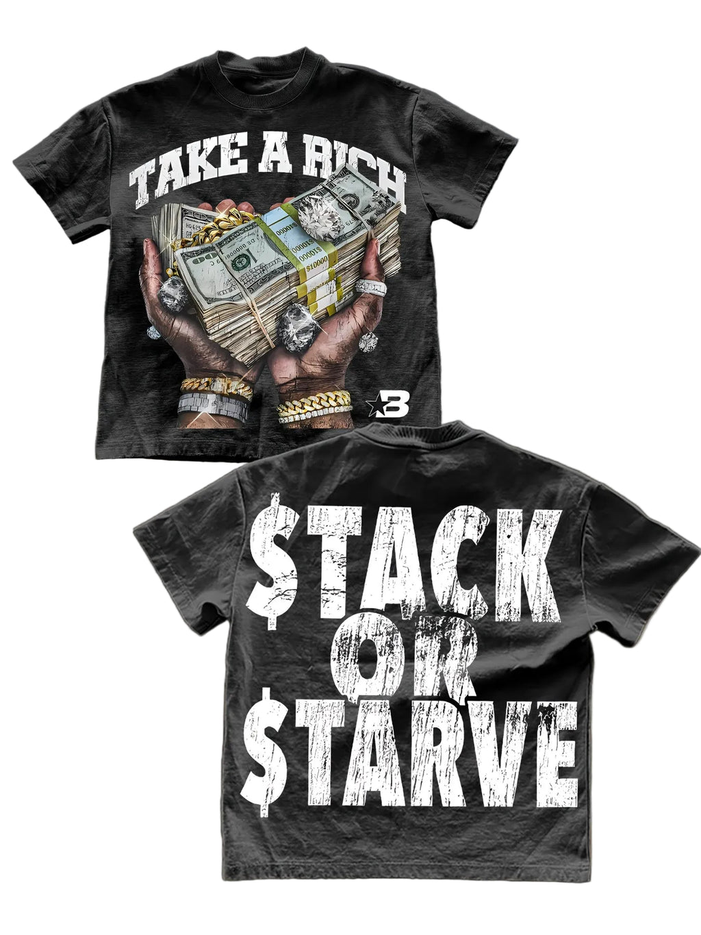 Black t-shirt with graphic design and text on front and back, featuring money and hands.